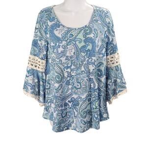 Stem & Vine women blue paisley lace lined flare sleeve blouse Size small Office